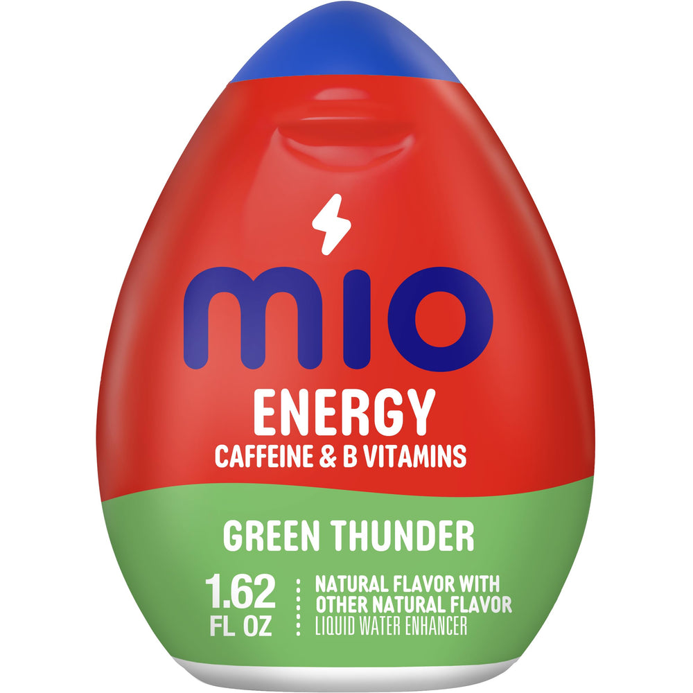 Mio bottles lined up displaying Green Thunder Black Cherry Orange Tangerine Fruit Punch Mango Peach
