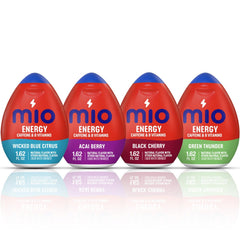 Mio front-pack view showing four flavors and convenient travel benefit