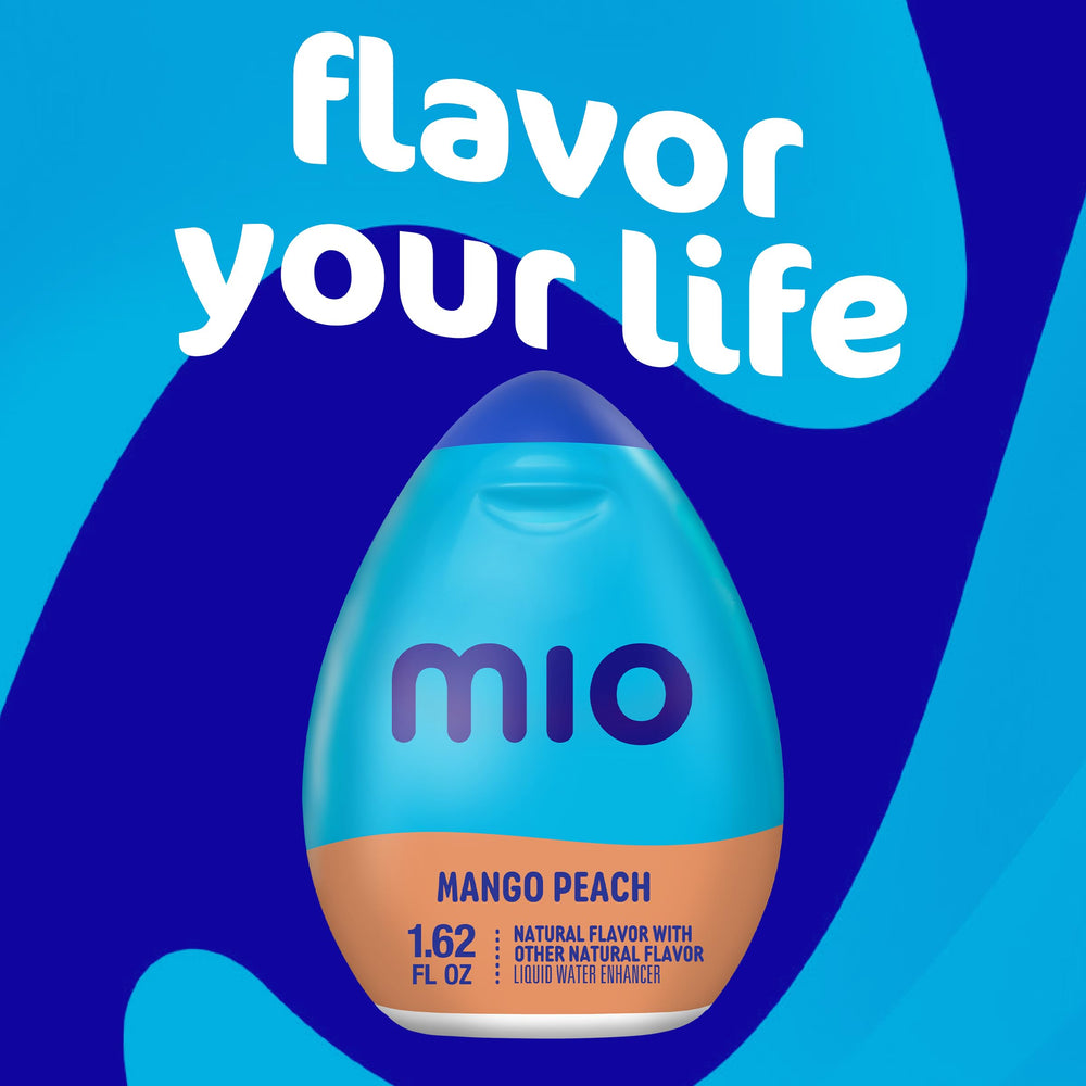 MiO Peach Mango bottle tucked inside a backpack highlighting portable hydration convenience