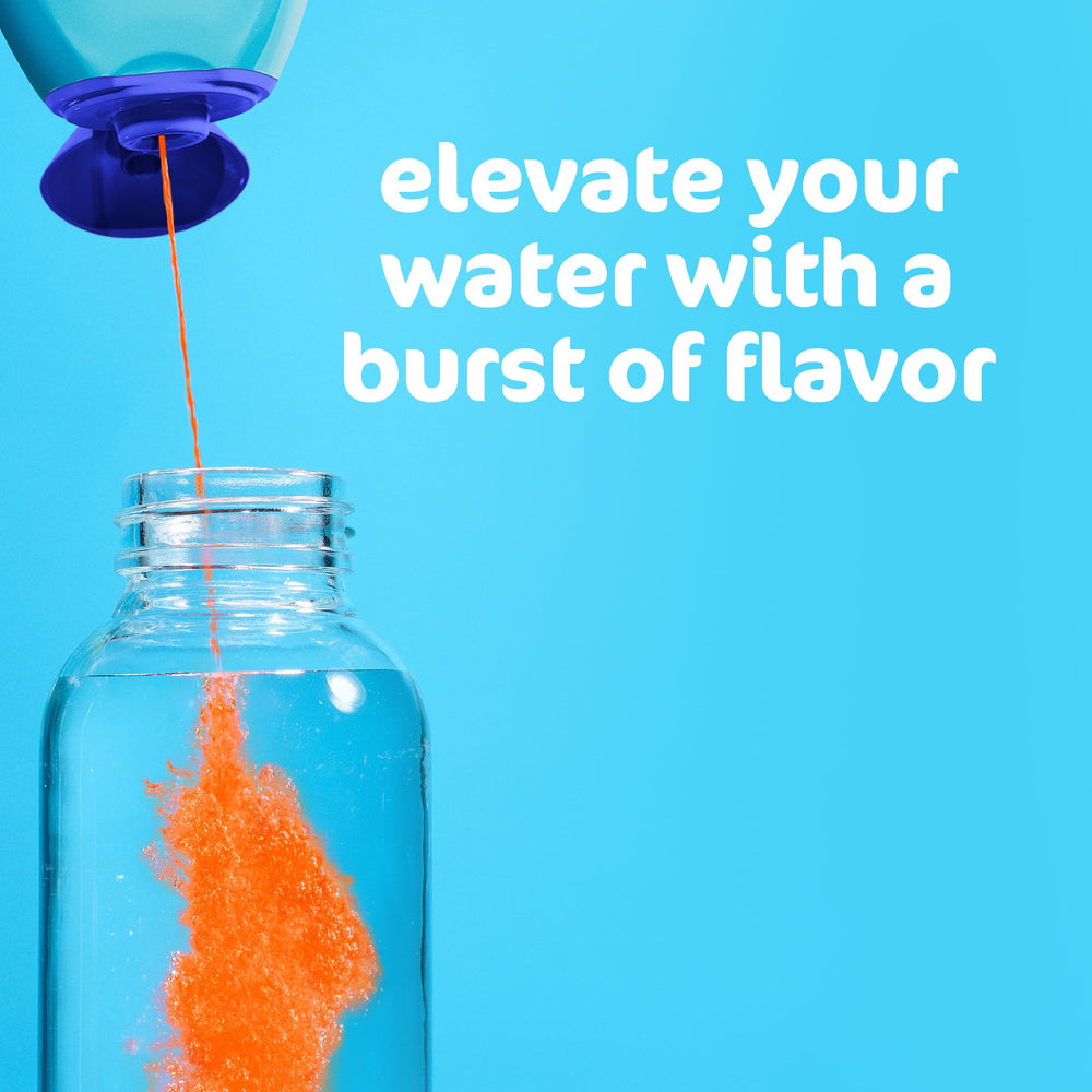 MiO Peach Mango liquid being dispensed into water showcasing bold fruit flavor boost
