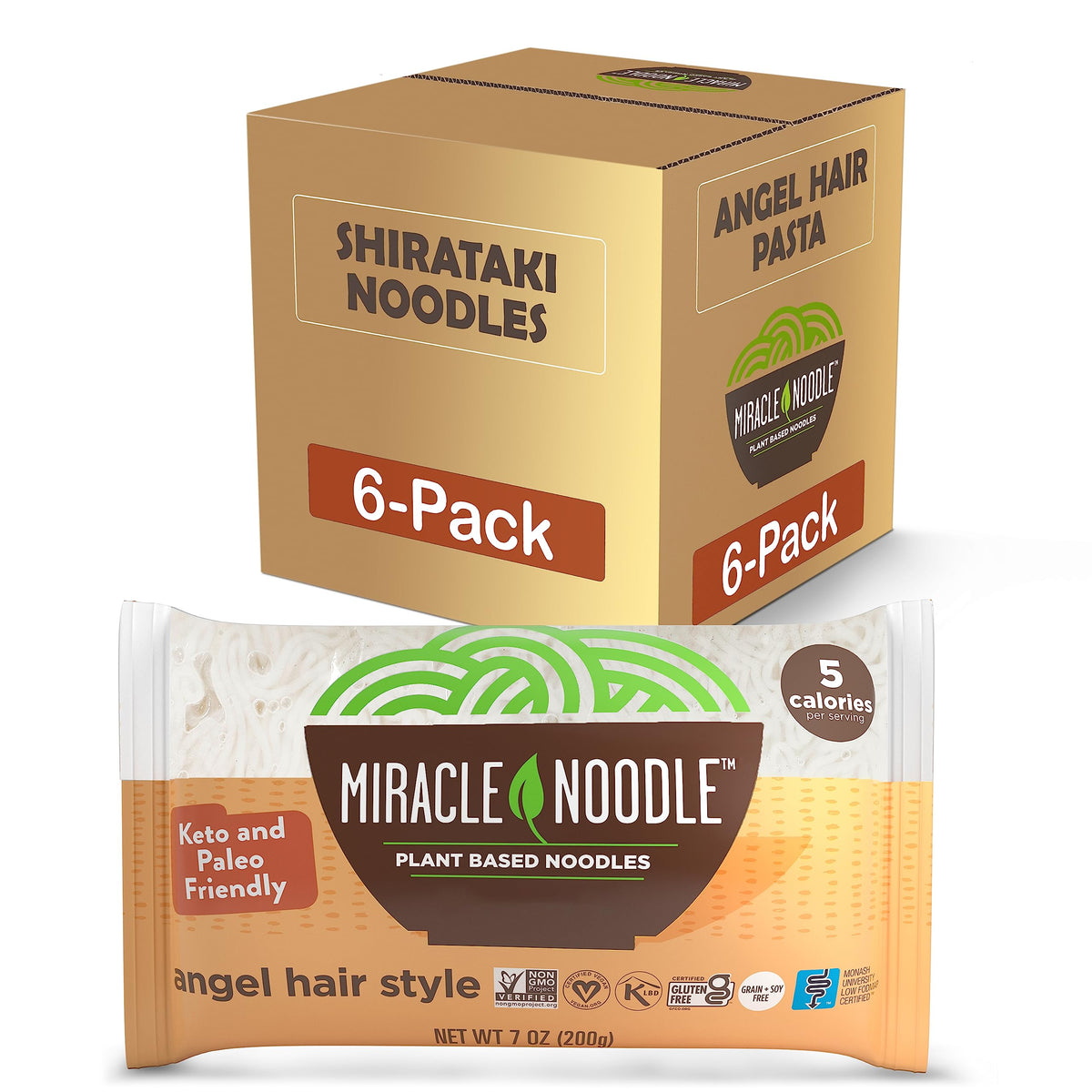 Miracle Noodle front packaging showing six 7 oz bags and product branding benefit quick pantry swap