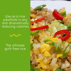 Miracle Noodle close-up texture displaying rice-like grains and low-calorie benefit
