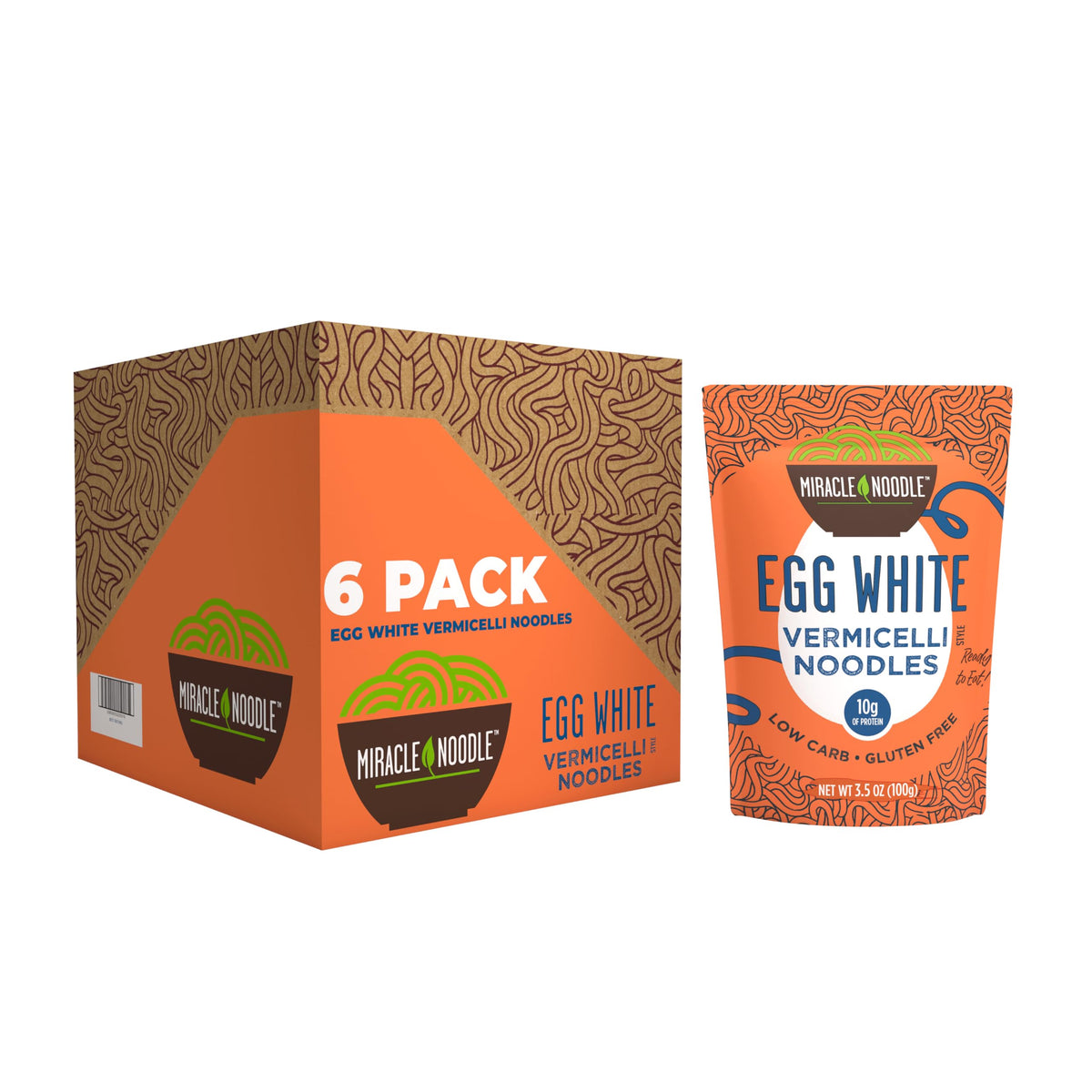 Miracle Noodle front packaging showing six 3.5 oz pouches and nutritional clarity