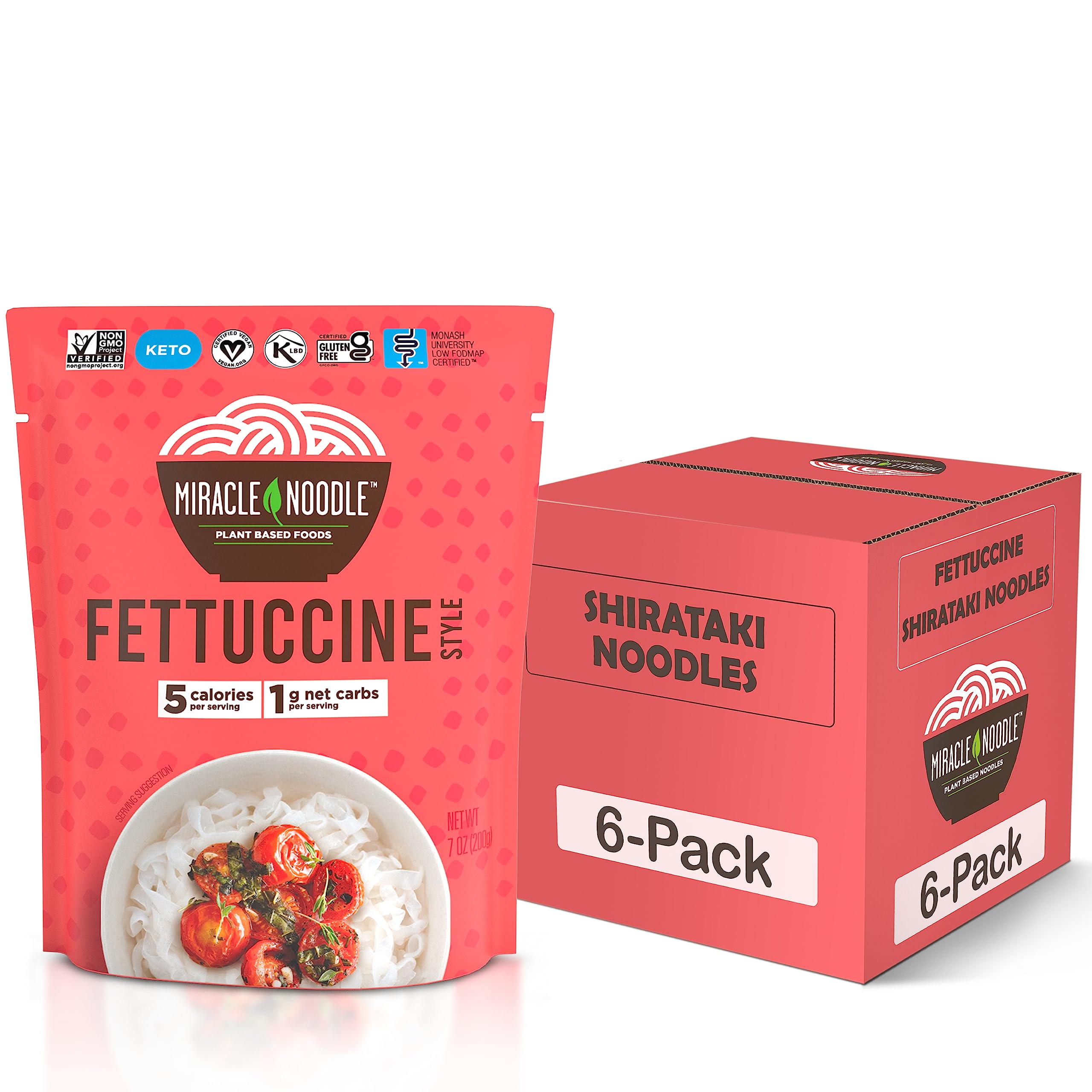 Miracle Noodle front packaging showing pack of six and convenience benefits