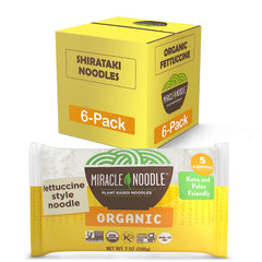 Miracle Noodle front packaging showing pack of six and convenience benefit