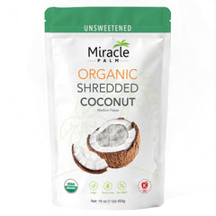 Miracle Palm front packaging 1 lb shows organic unsweetened shredded coconut benefit convenience