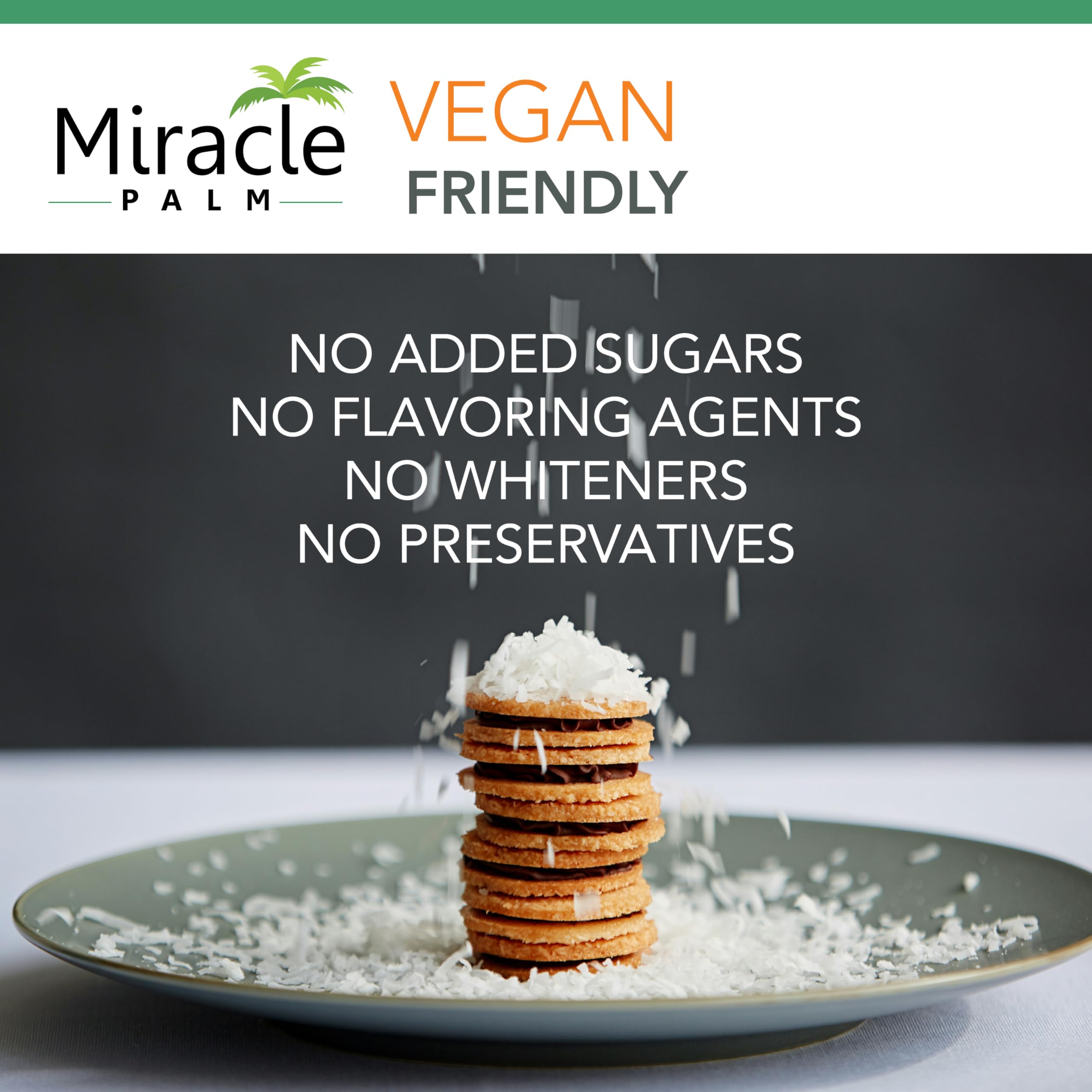 Miracle Palm product label with certifications emphasizes organic and non-GMO sourcing