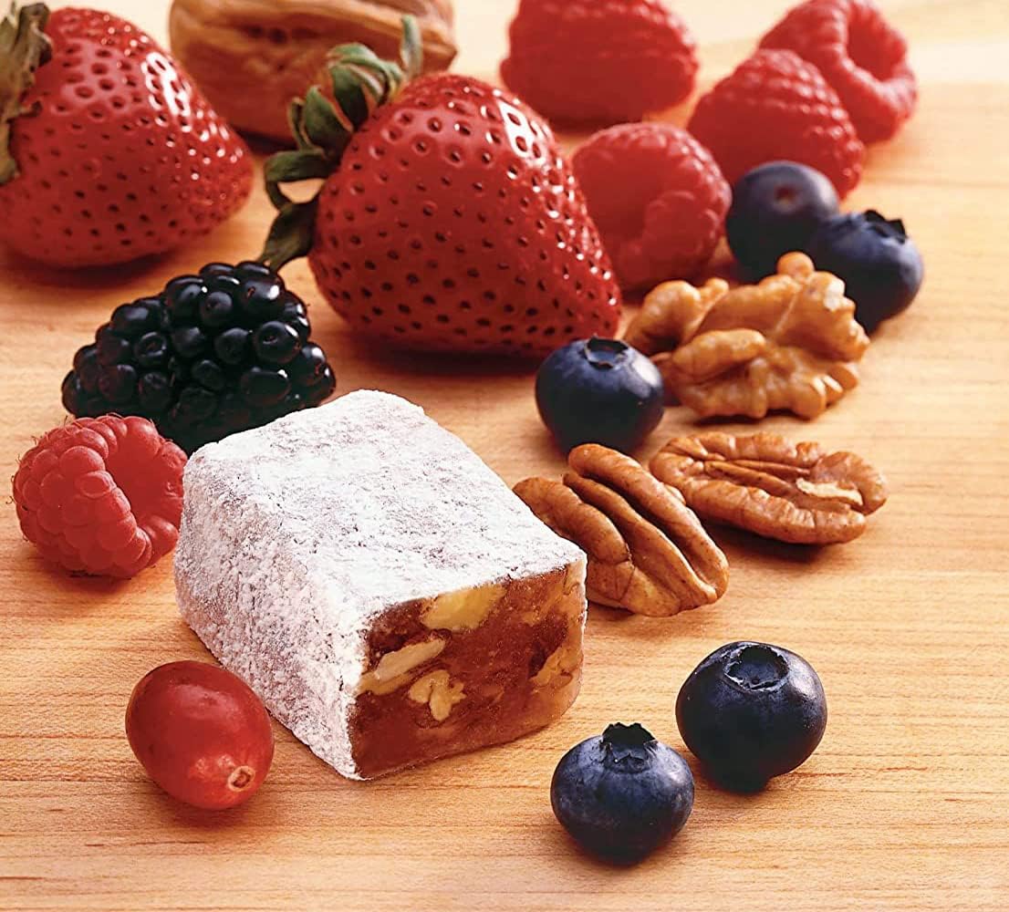 Mise Mise Liberty Orchards Aplets & Cotlets close-up texture showing nut pieces and fruit paste benefit taste clarity