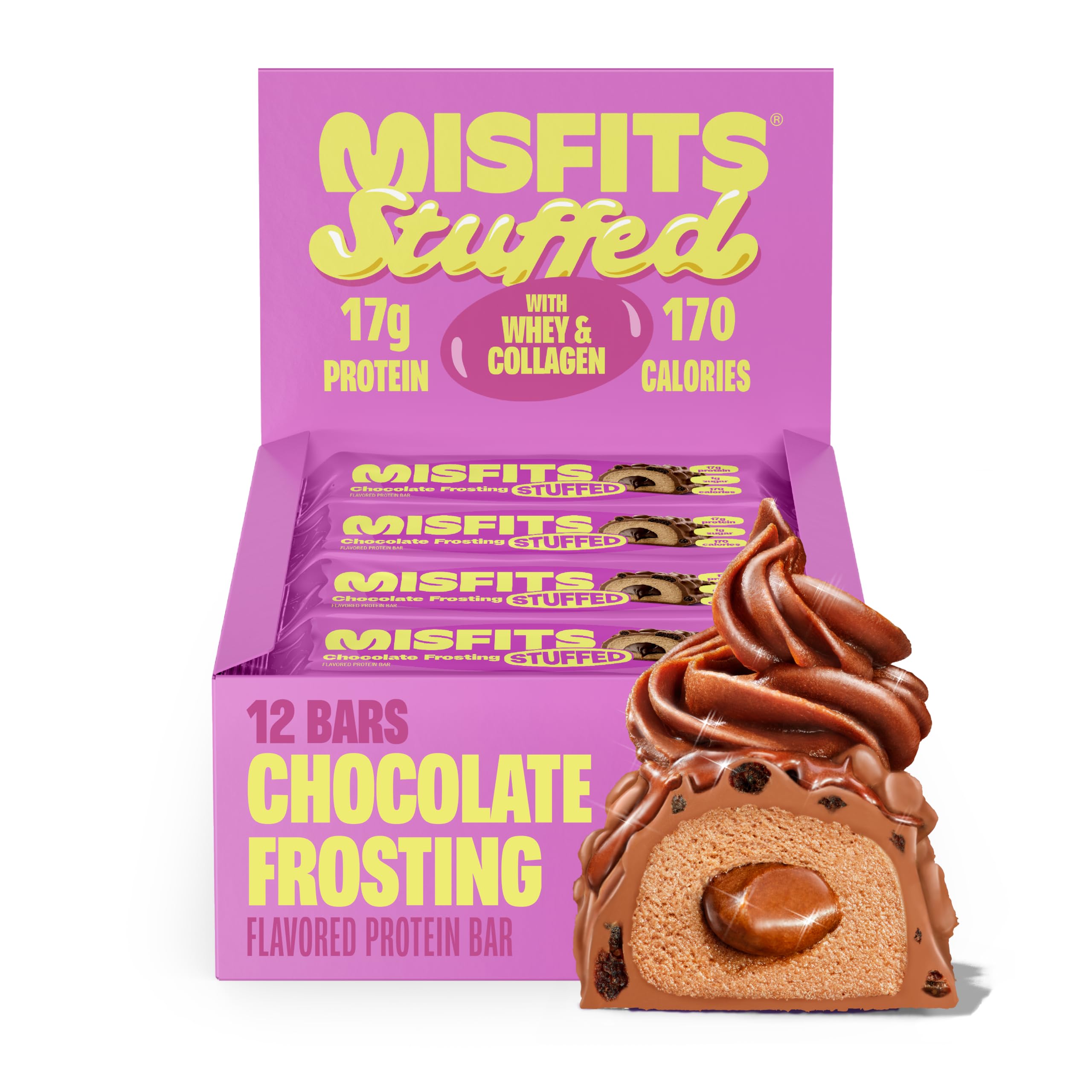 Misfits front box shot showing packed 12-bar box and nutrition callouts
