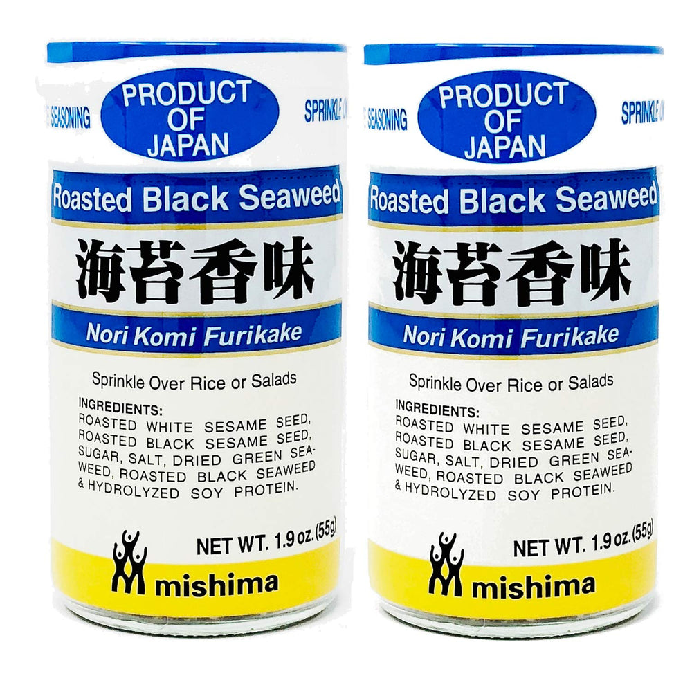 Mishima furikake shaker front view showing label, ideal for easy rice seasoning