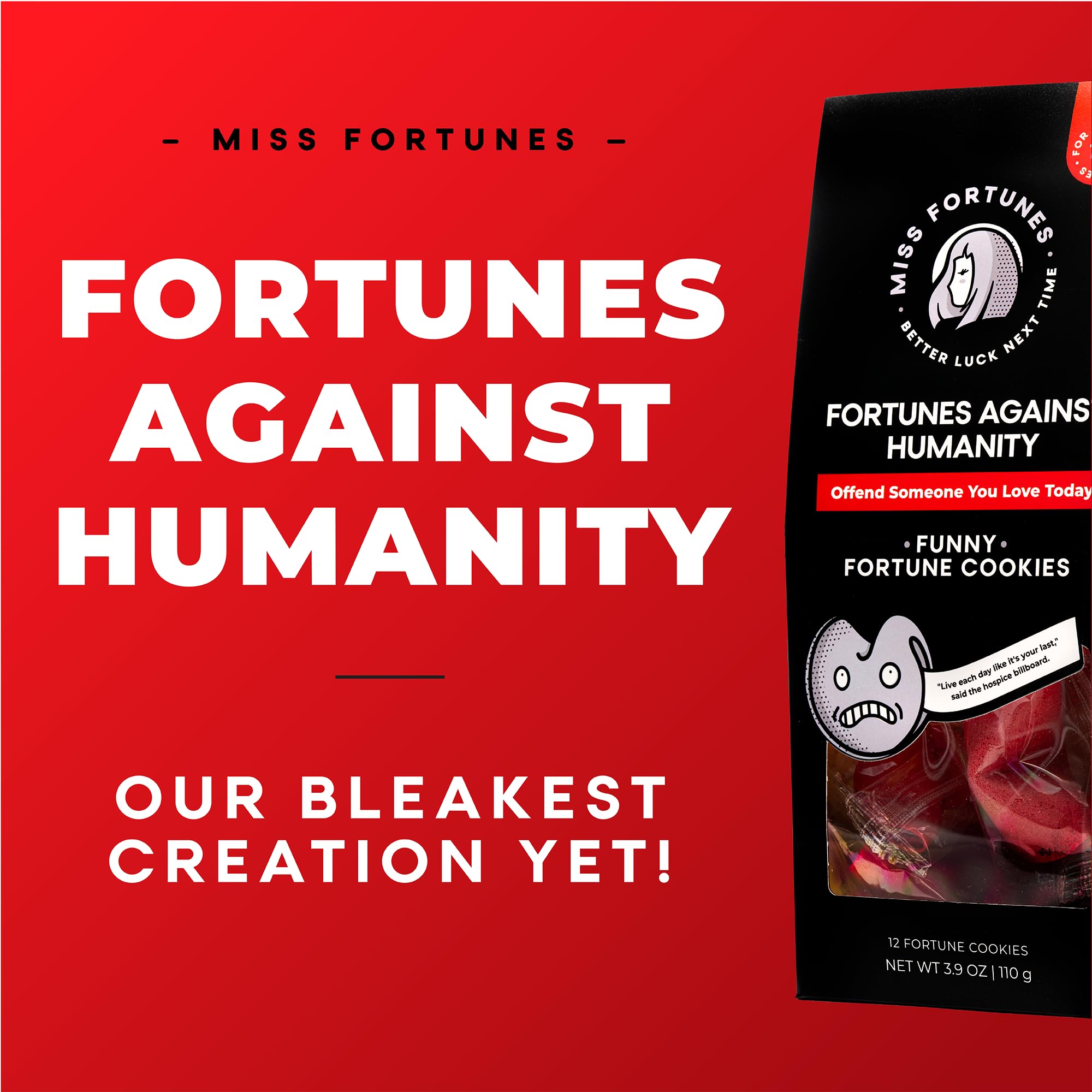 MISS FORTUNES fortune slip closeup displaying dark-humor message for laughs