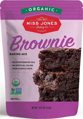 Miss Jones Baking front of box showing organic vegan badge and rich cocoa benefit