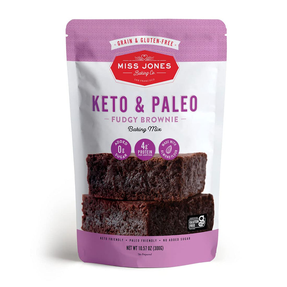 Miss Jones Baking front packaging showing keto brownie mix and easy baking benefit