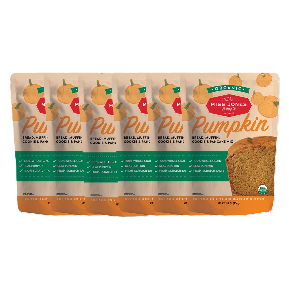 Miss Jones Baking front packaging showing organic pumpkin mix and benefits