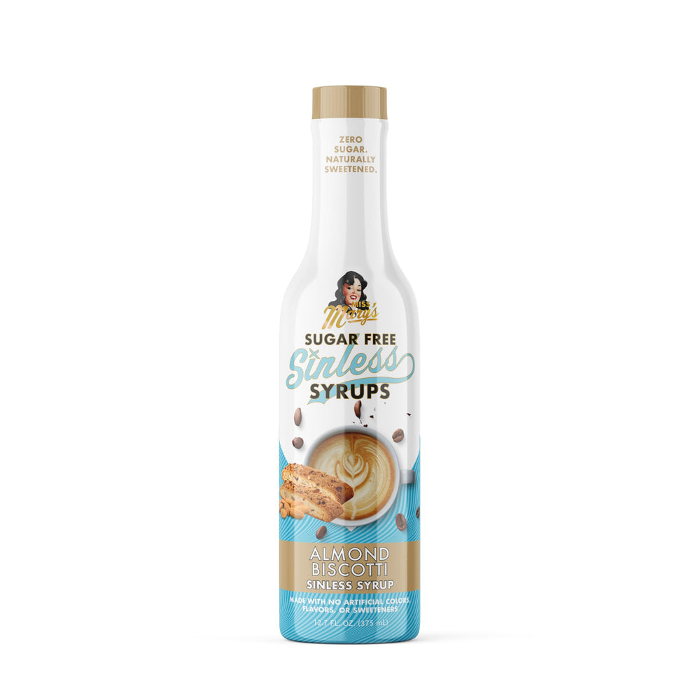 Miss Mary’s front bottle view showing almond biscotti flavor and sugar-free benefit
