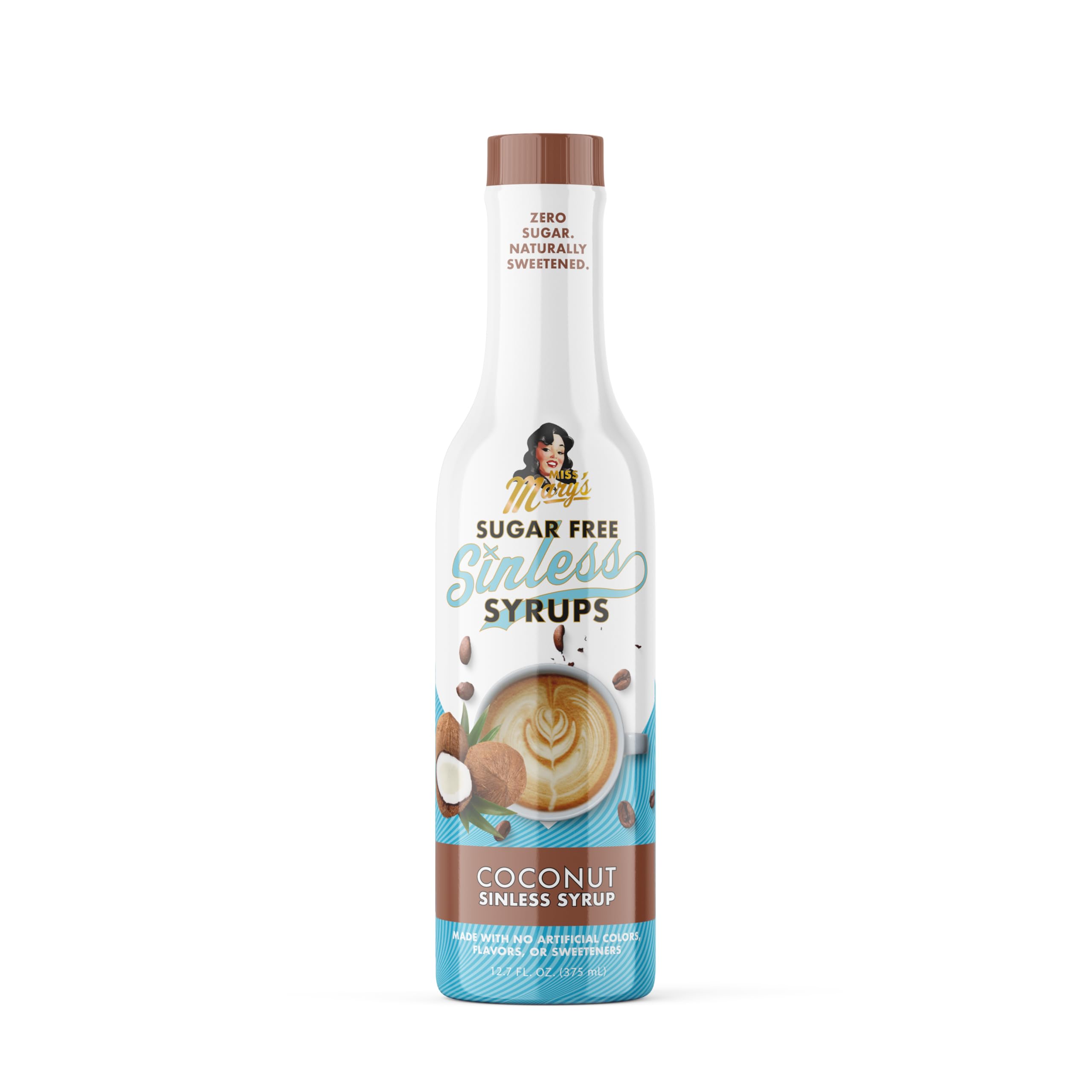 Miss Mary's coconut syrup front label showing brand and flavor benefit