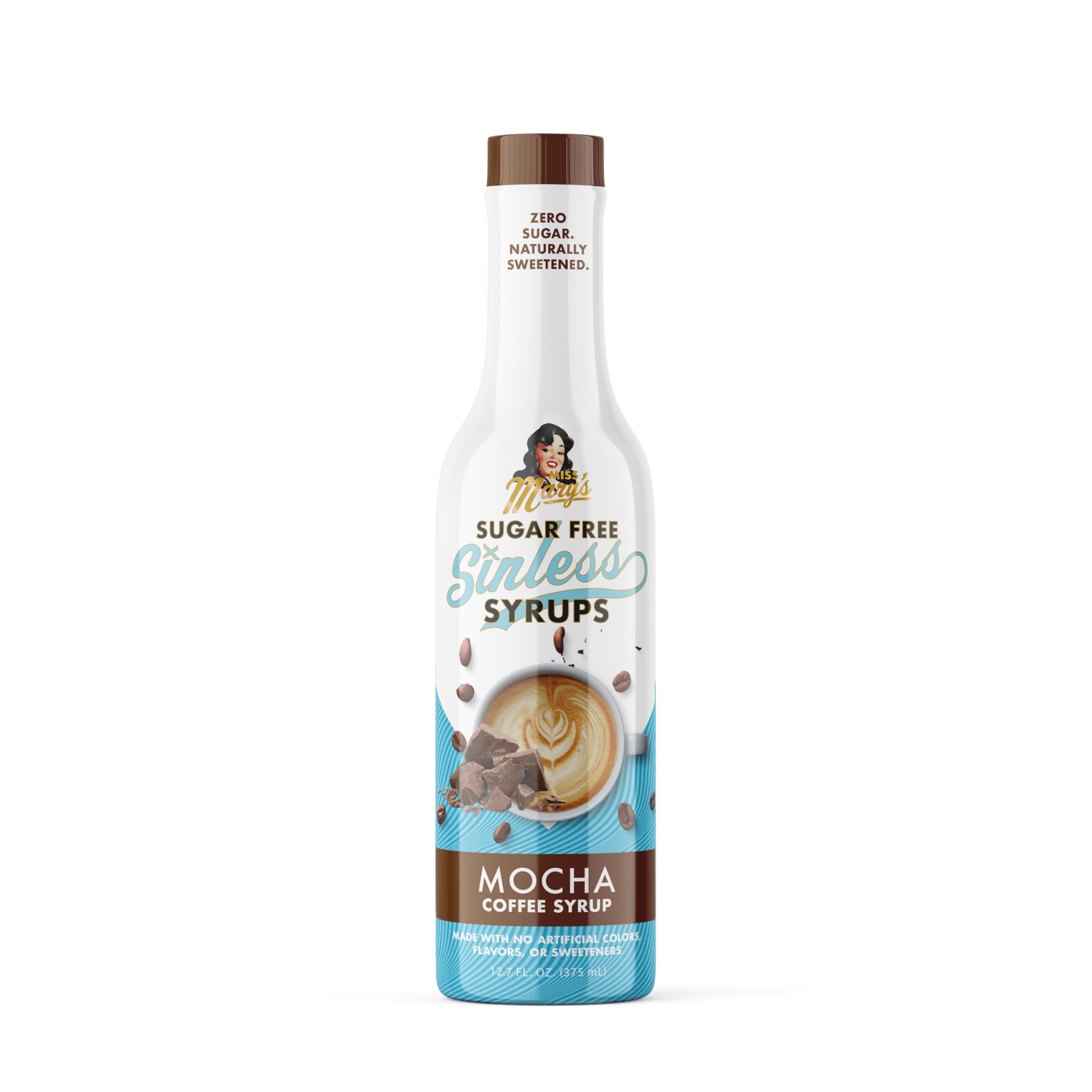 Miss Mary's Morning Elixir Premium Bloody Mary Mixxx front label showing sugar free mocha benefits