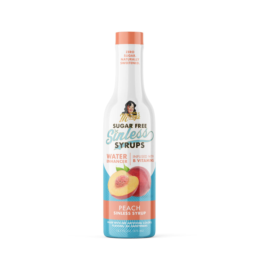 Miss Mary's front packaging showing peach syrup bottle and benefits
