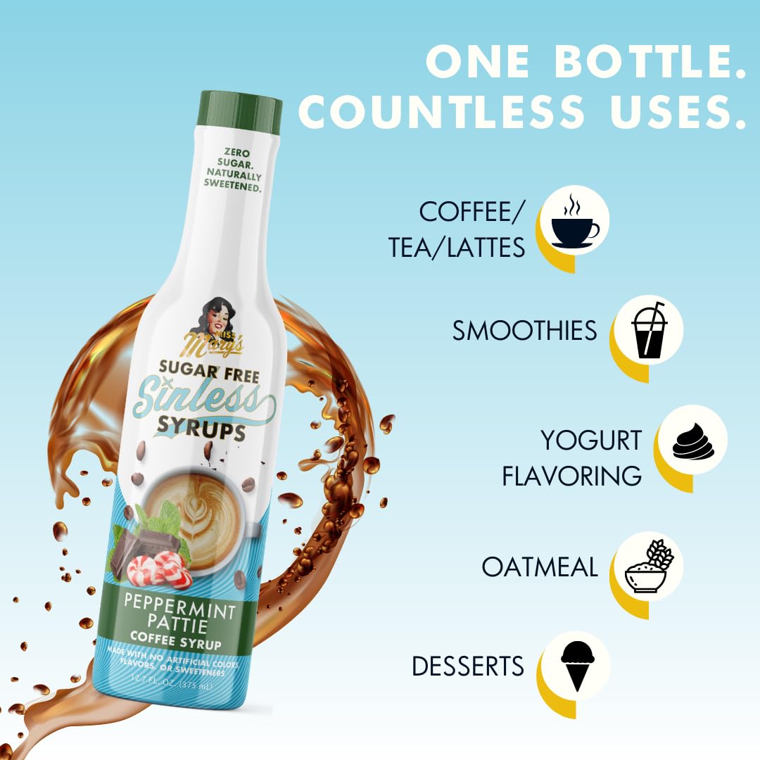 Miss Mary's Peppermint Pattie bottle cap and label emphasizing natural sweeteners