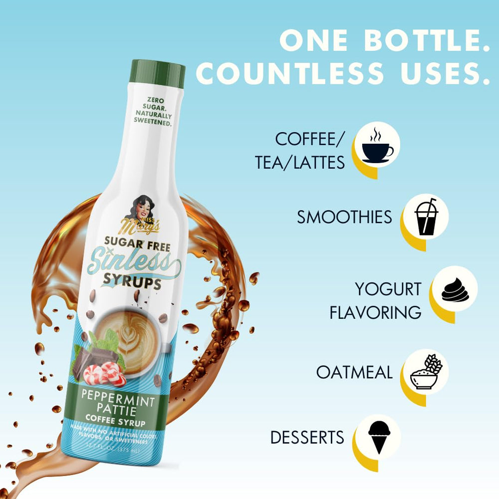 Miss Mary's Peppermint Pattie bottle cap and label emphasizing natural sweeteners