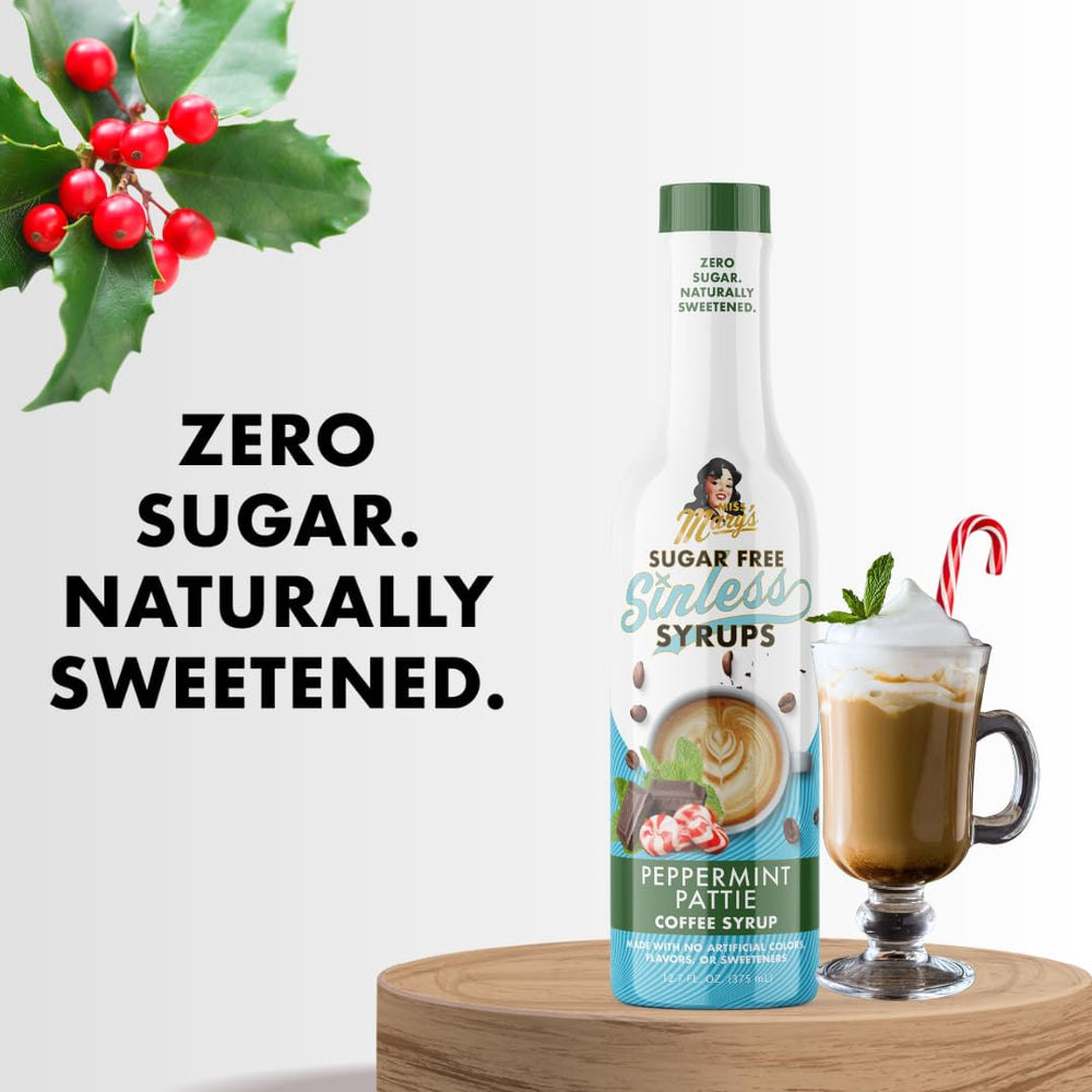 Miss Mary's Peppermint Pattie syrup added to coffee for flavorful, sugar-free indulgence