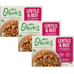 MISS OLIVE'S front packaging showing 3-pack for quick pantry meals and convenience
