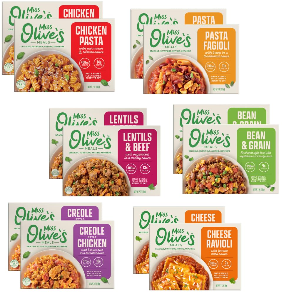 Miss Olive’s pack front showing all 12 pouches and flavor variety benefit
