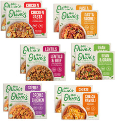 Miss Olive’s pack front showing all 12 pouches and flavor variety benefit