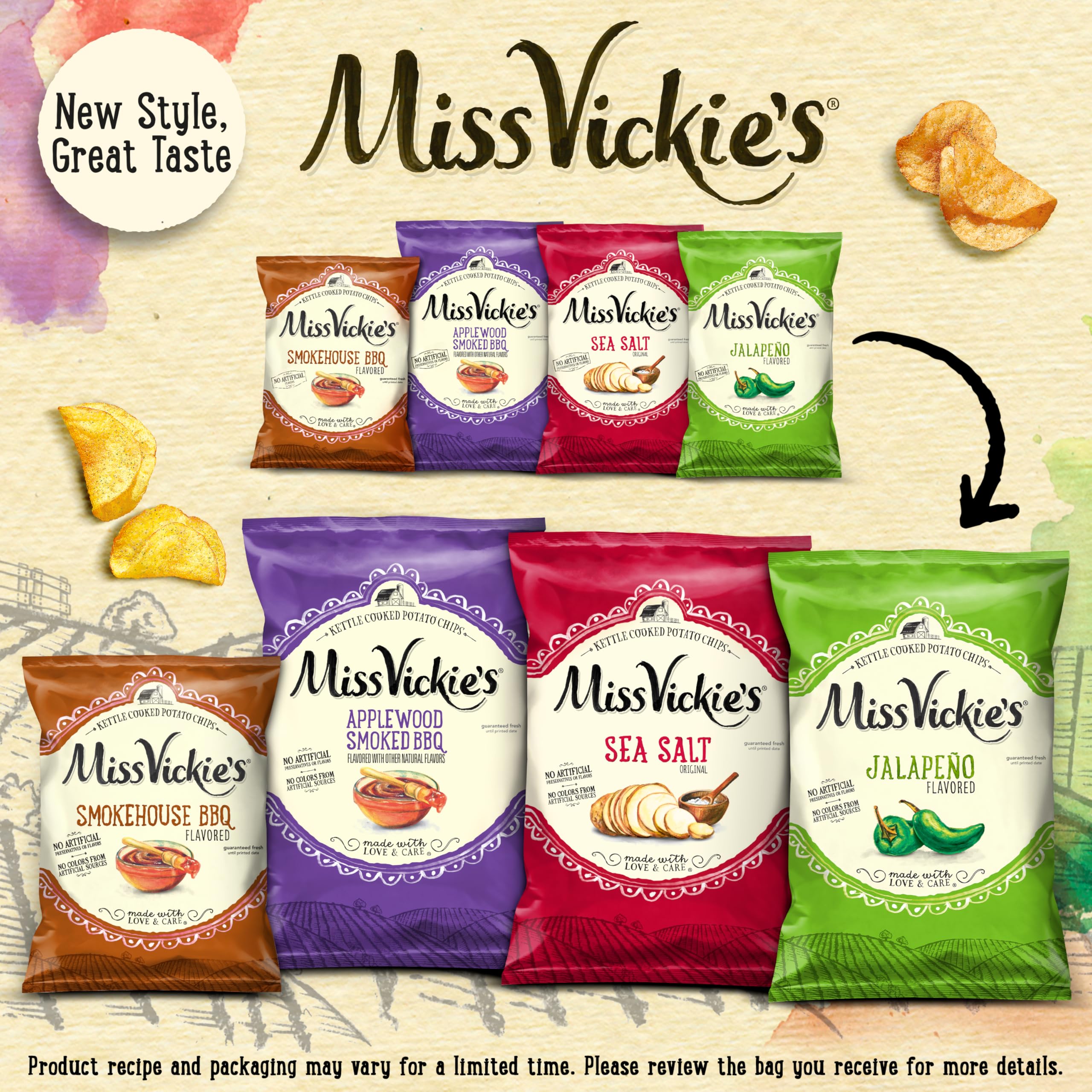 Miss Vickie's stack of bags illustrating 64-pack bulk supply benefit