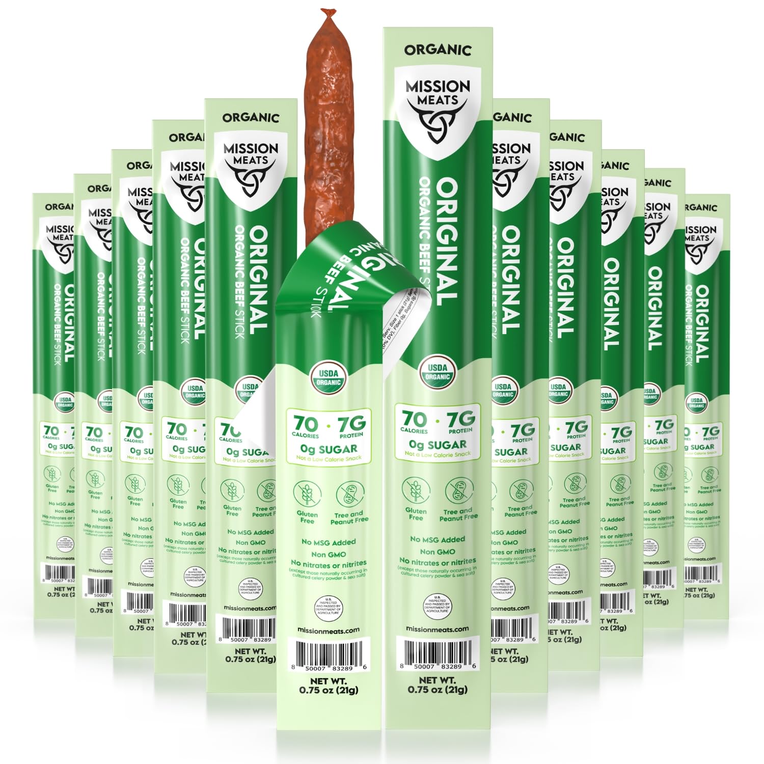 Mission Meats front packaging showing 24-count pack and organic badge for trusted snacking