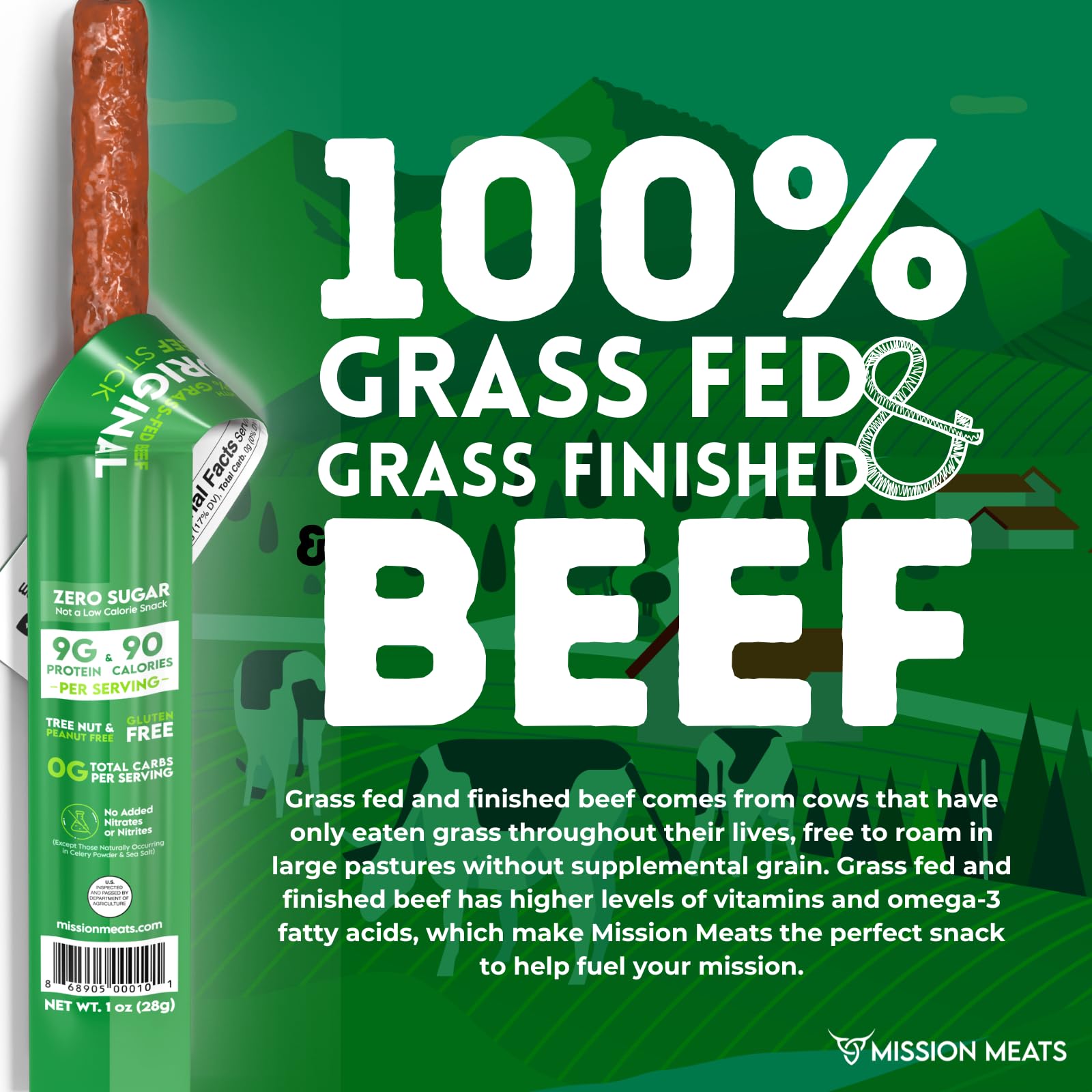 Mission Meats individually wrapped 1oz stick emphasizing portable protein