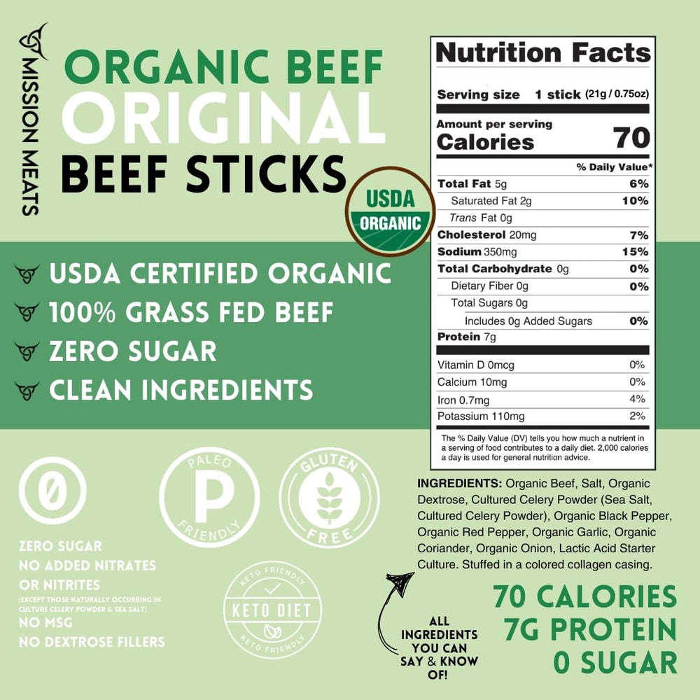Mission Meats beef sticks on a snack board paired with nuts illustrating balanced snacking