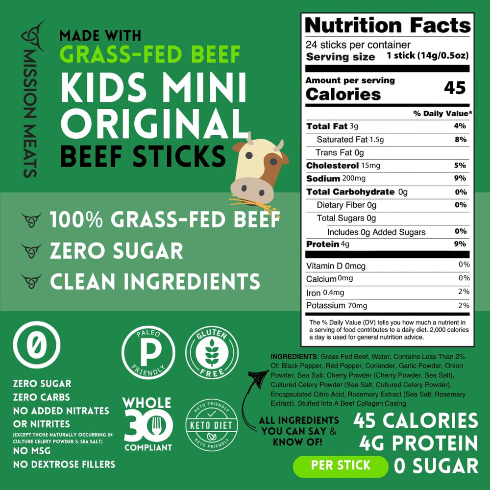 Mission Meats stick beside a ruler showing compact 0.5oz portion size