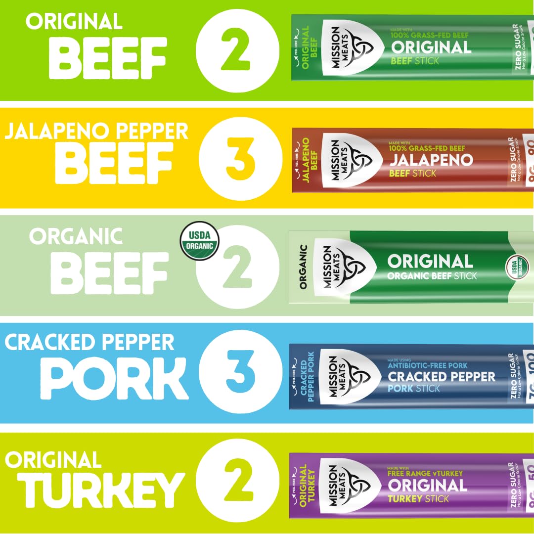 Mission Meats sticks spread out to show all five flavors and convenient portions