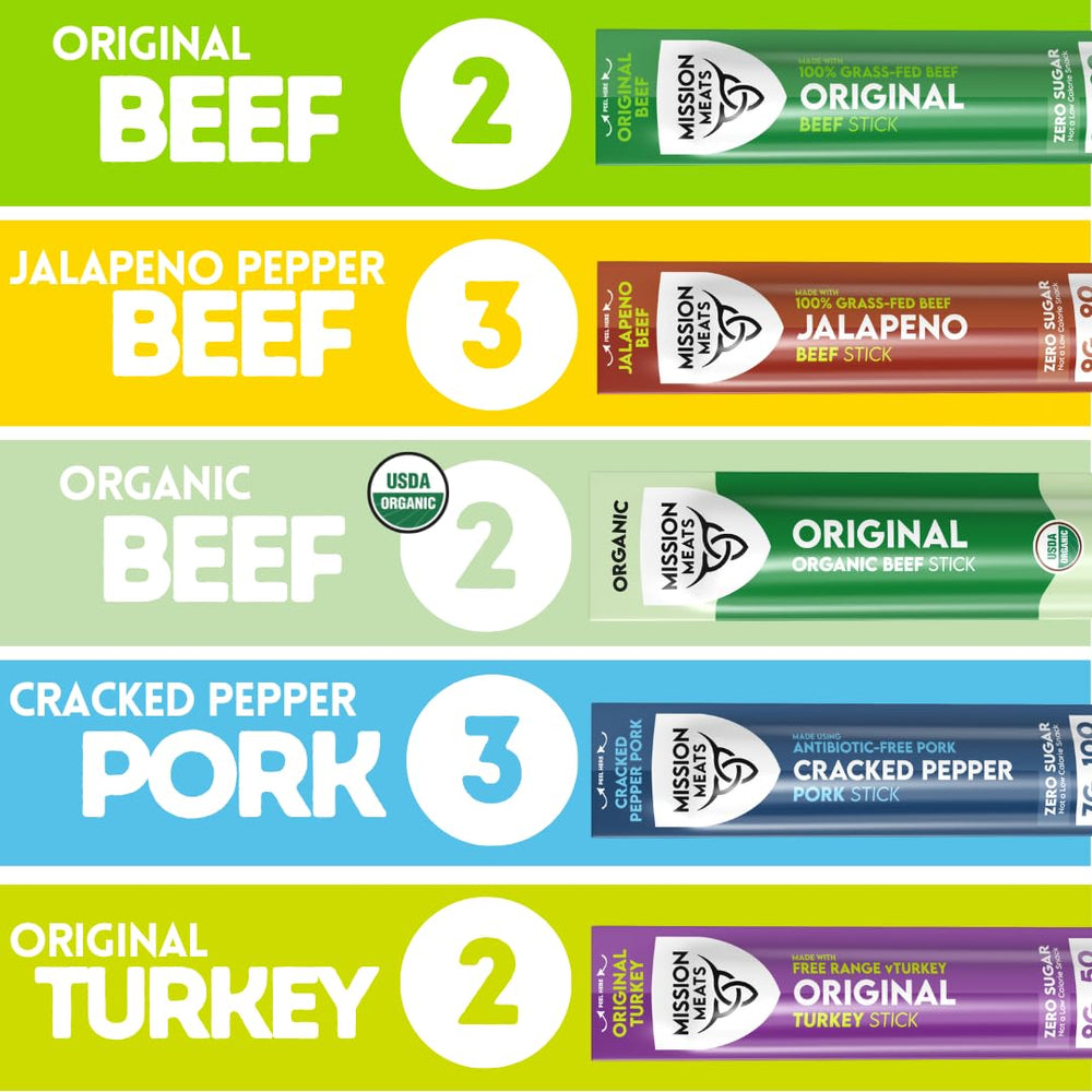 Mission Meats sticks spread out to show all five flavors and convenient portions
