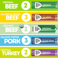 Mission Meats sticks spread out to show all five flavors and convenient portions
