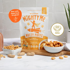 Mission Mighty Me open pouch with puffs spilled showing portable convenience