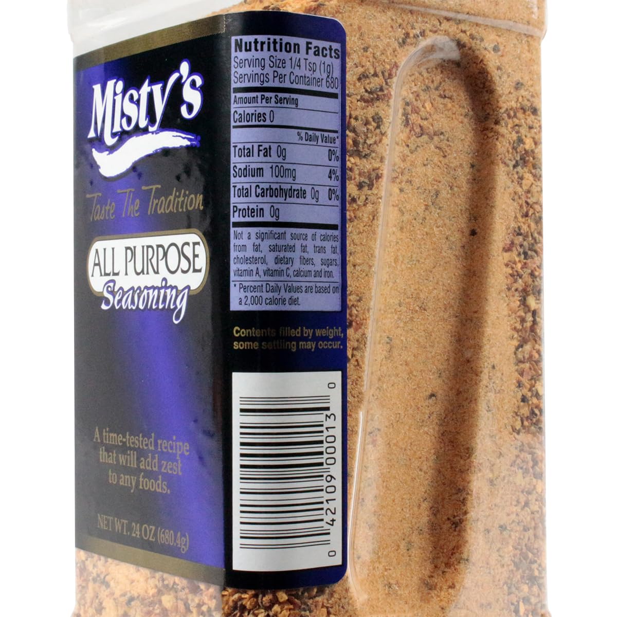 Misty's Seasoning label and ingredients panel showing gluten-free and made-in-USA benefit
