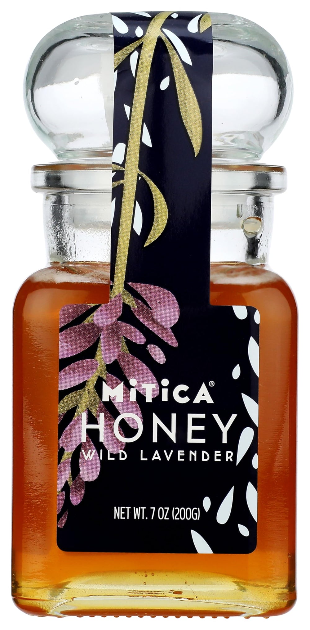 Mitica lavender honey apothecary jar front view showing amber honey and gift-ready packaging