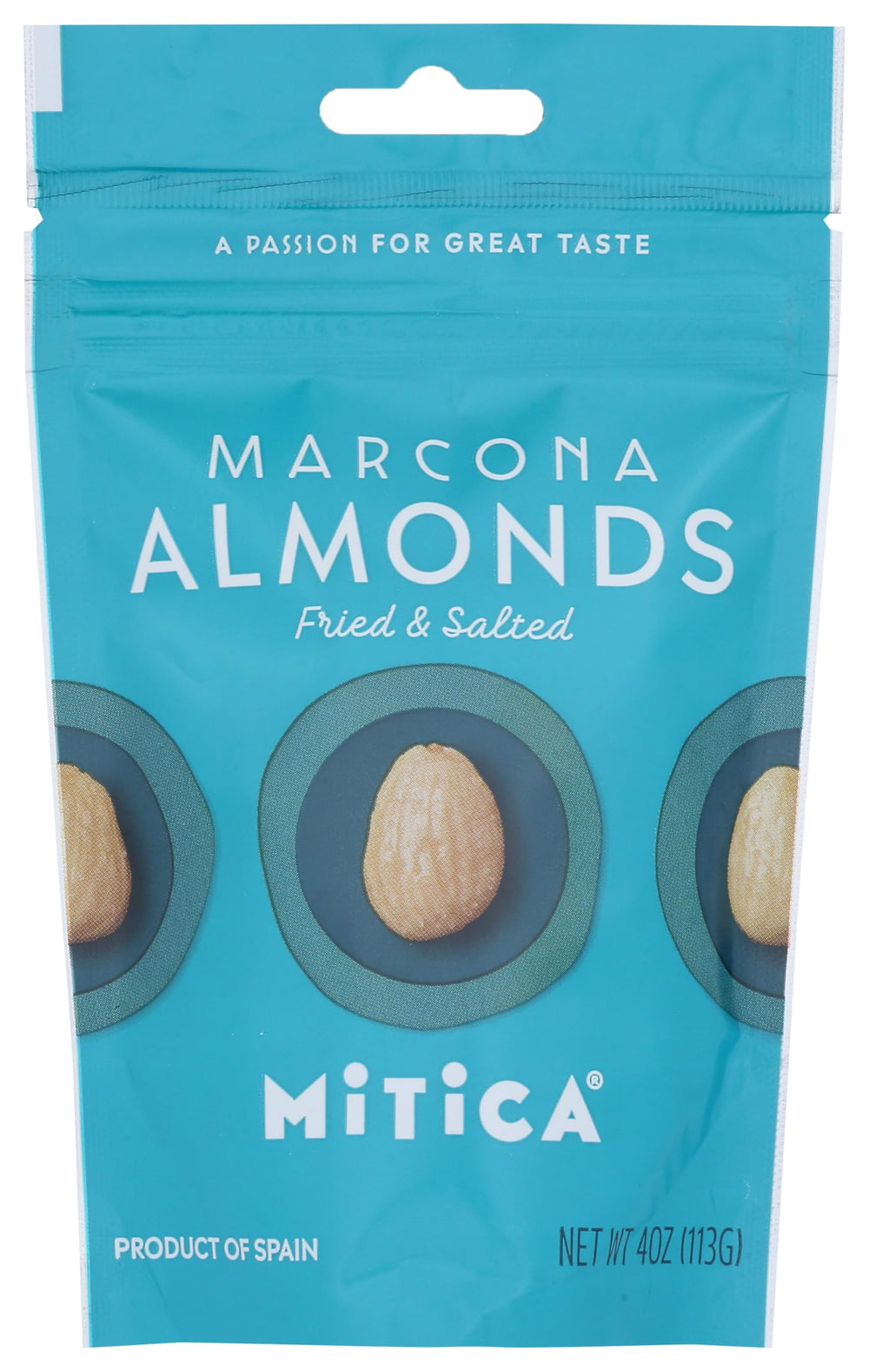 Mitica Marcona almonds front packaging showing peeled almonds and gourmet appeal
