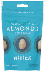 Mitica Marcona almonds front packaging showing peeled almonds and gourmet appeal