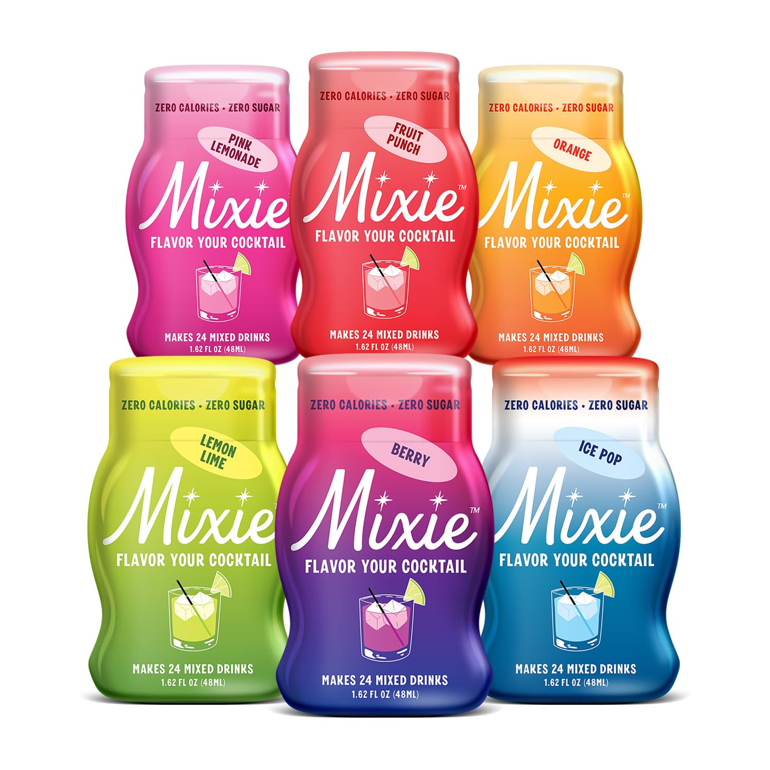 Mixie six-pack front packaging showing bottles and flavors, easy identification and portability