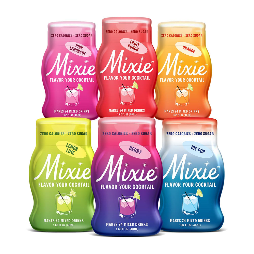 Mixie six-pack front packaging showing bottles and flavors, easy identification and portability