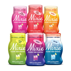 Mixie six-pack front packaging showing bottles and flavors, easy identification and portability