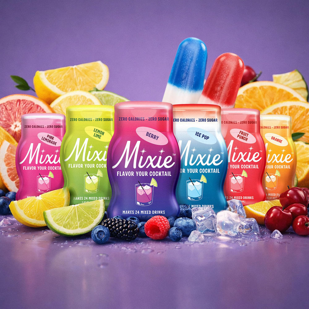 Hand squeezing Mixie into a seltzer can showing quick cocktail and mocktail mixing