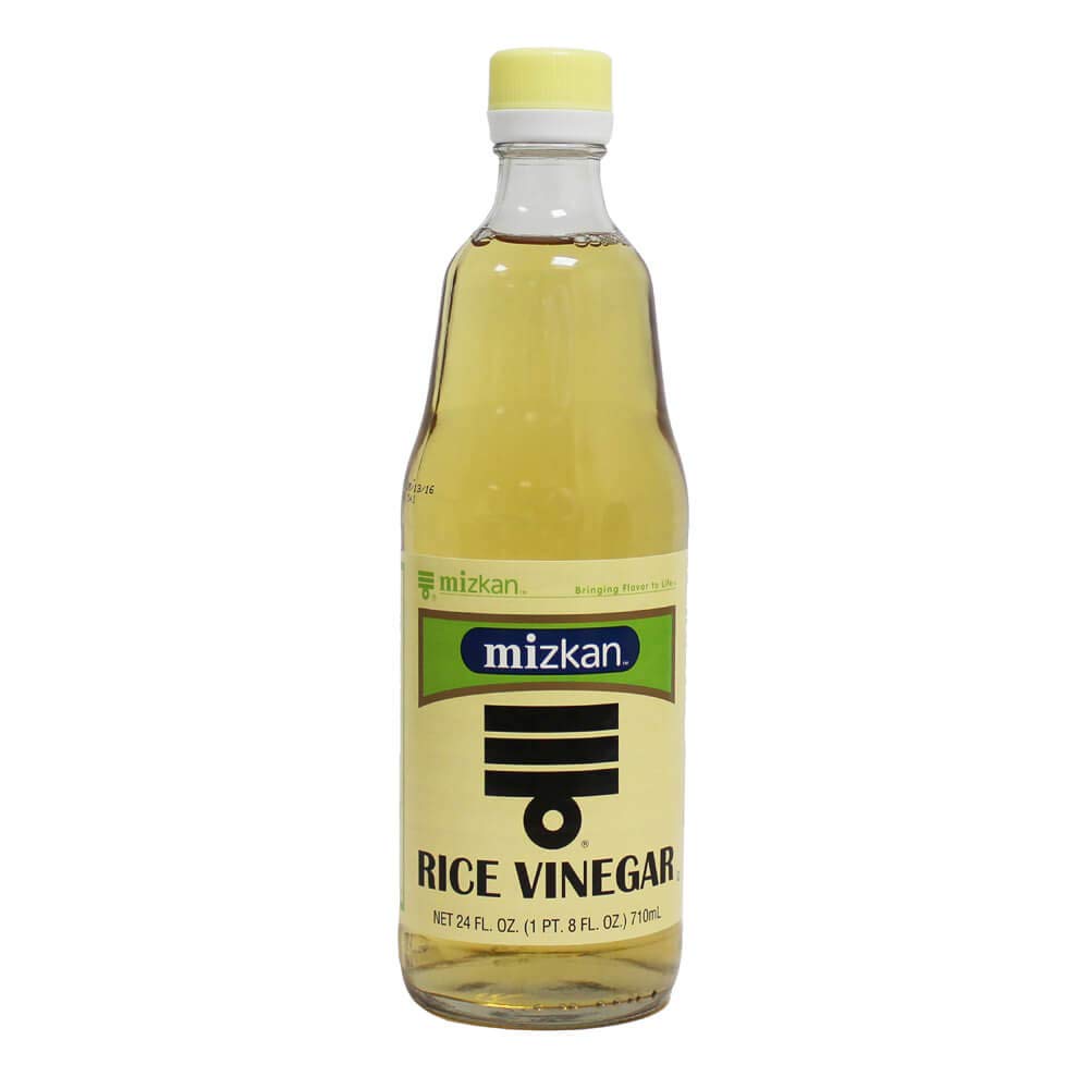 Mizkan rice vinegar closeup label highlights brand and gentle, slightly sweet flavor