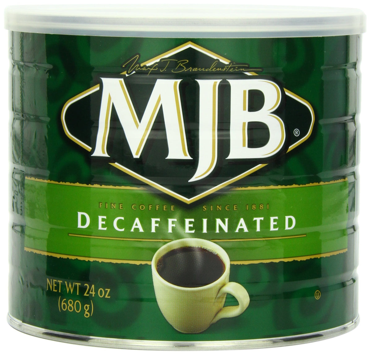 MJB 24oz steel can front view showing brand and recyclable packaging benefit