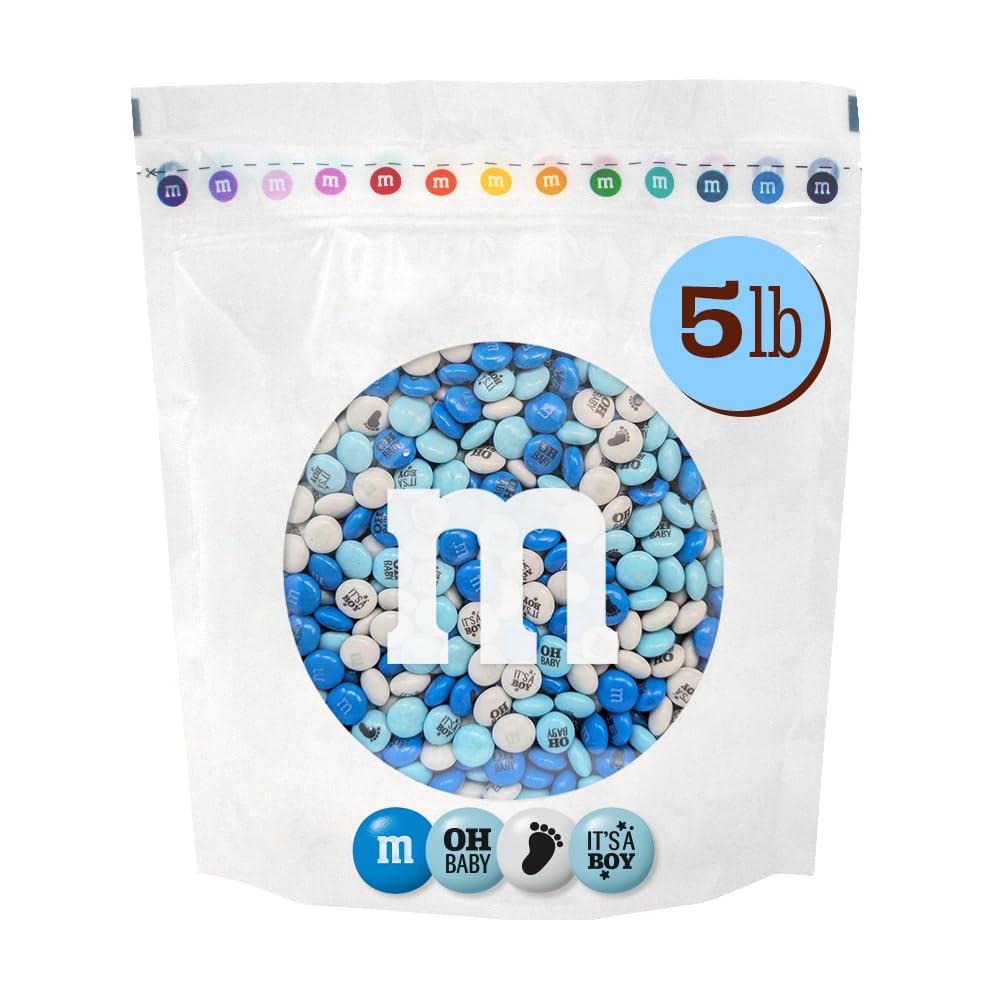 M&M’S WORLD front packaging showing 5 lb bag with baby-boy colors for easy party planning