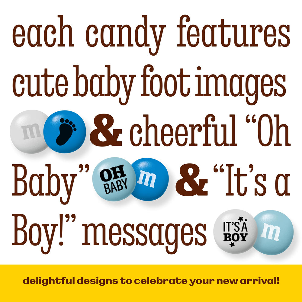M&M’S WORLD candies scattered on a baby-shower table adding coordinated blue decor