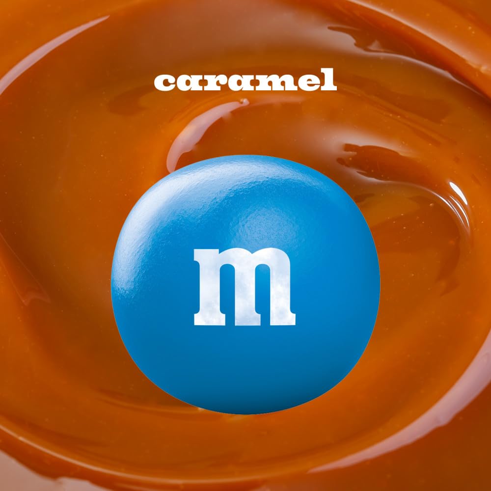 M&M's caramel piece split showing chocolate and chewy caramel center contrast